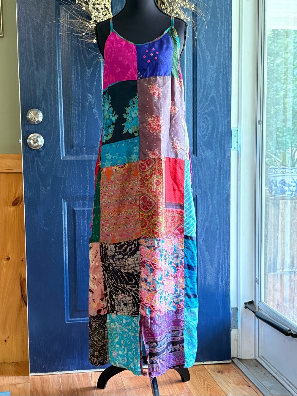 Sacred Threads Patchwork 100% Silk Maxi Dress size S/M *read*